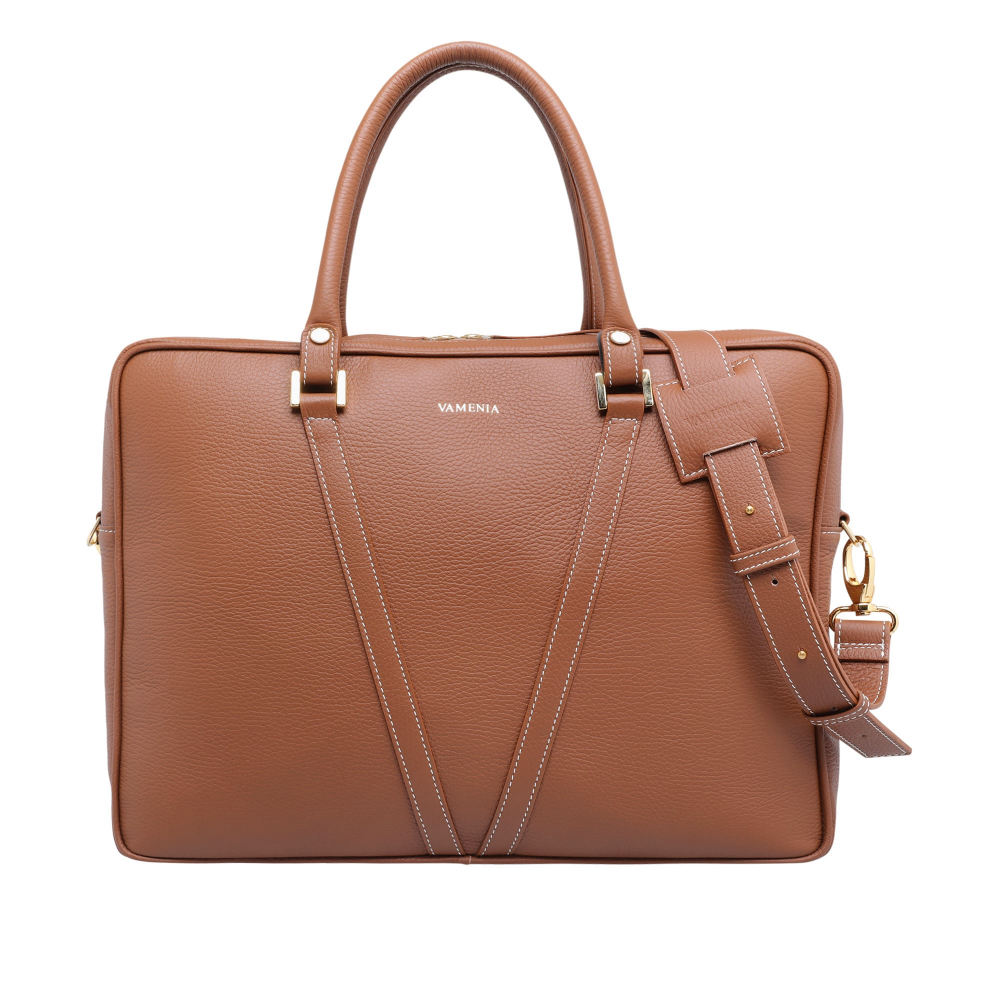 Briefcase made of grained calf leather brown contrast stitching